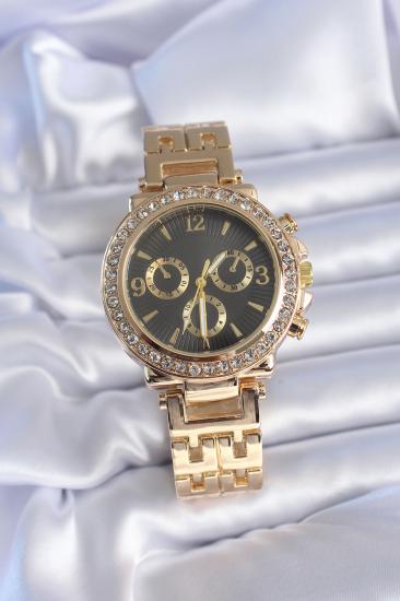 Erb Gold Renk Zirkon Taşlı Kasa Siyah Kadran Analog Metal Kordon Kadın Saat