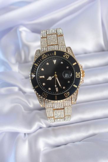 Erb Gold Renk Zirkon Taşlı Metal Kordon Siyah Kadran Takvimli Analog Kadın Saat