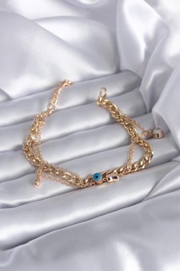 Erb Gold Renk 2\\'li Kalın Zincir Model Zirkon Taş Nazar Boncuk Detay Kadın Bileklik