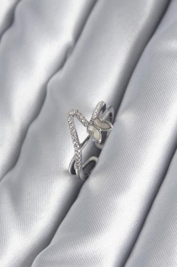 Erb Pirinç Gümüş Renk Zirkon Taş Detay Kelebek Model Kadın Yüzük