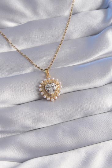 Erb 316L Çelik Zincir Gold Renk İncili Zirkon Taşlı Kalp Tasarımlı Kolye