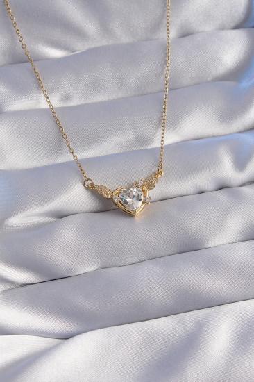 Erb 316L Çelik Zincir Gold Renk Zirkon Taşlı Kanatlı Kalp Kolye