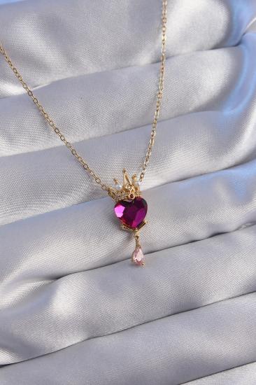 Erb 316L Çelik Zincir Gold Renk Fuşya Zirkon Taşlı Damla Detay Rapunzel Model Kolye