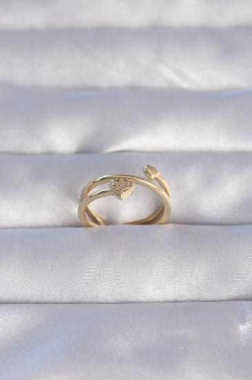 Erb Pirinç Gold Renk Zirkon Taşlı Kalpli Model Ayarlanabilir Yüzük