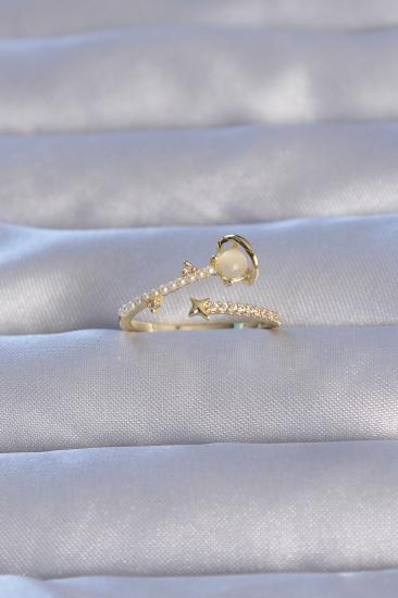 Erb Pirinç Gold Renk Zirkon Taşlı İncili Satürn Model Ayarlanabilir Yüzük
