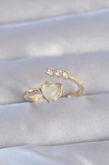 Erb Pirinç Gold Renk Zirkon Taşlı Sedefli Kalp Model Ayarlanabilir Yüzük