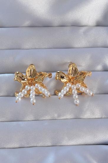 Erb 316L Çelik Gold Renk İnci Aksesuarlı Çiçek Model Küpe