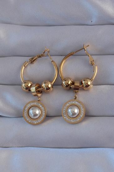 Erb 316L Çelik Gold Renk Zirkon Ve İnci Taşlı Model Halka Küpe