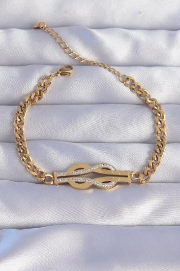 Erb 316L Çelik Gold Renk Zirkon Taşlı Kemer Tokası Model Zincir Bileklik