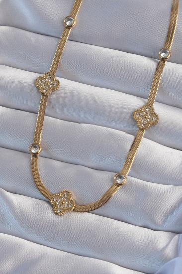 Erb 316L Çelik İtalyan Zincirli Gold Renk Zirkon Taşlı Yonca Model Kolye