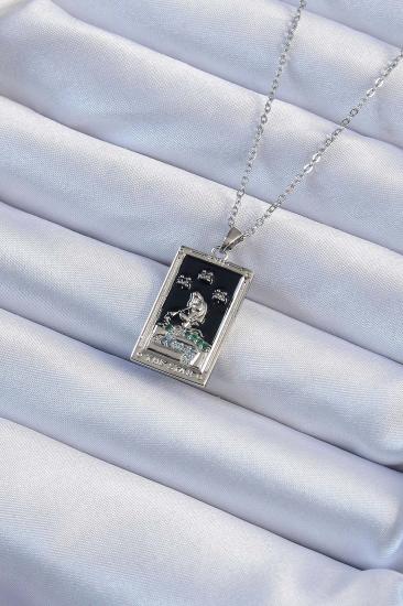 Erb 316L Çelik Zincir Gümüş Renk Zirkon Taşlı Siyah Mineli Kız Figürlü Tarot Kolye