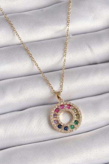 Erb 316L Çelik Gold Renk Zincir Renkli Zirkon Taşlı Madalyon Model Kadın Kolye
