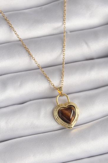 Erb 316L Çelik Gold Renk Zincir Kilit Kalp Kehribar Boncuk Model Kadın Kolye