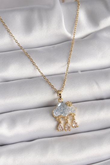 Erb 316L Çelik Gold Renk Zincir Zirkon Taşlı Bulut Model Sallantı Damla Figür Kadın Kolye