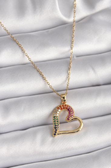 Erb 316L Çelik Gold Renk Zincir Renkli Zirkon Taşlı Kalp Model Kadın Kolye