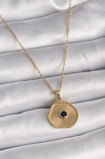 Erb 316L Çelik Gold Renk Zincir Siyah Zirkon Taş Madalyon Model Kadın Kolye