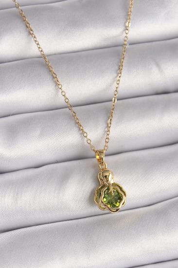 Erb 316L Çelik Gold Renk Zincir Yeşil Zirkon Taşlı Vintage Model Kadın Kolye