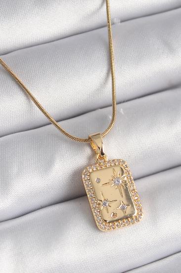 Erb 316L Çelik Gold Renk Zirkon Taşlı Yıldız İşleme Madalyon Kadın Kolye