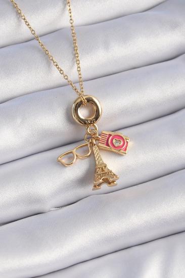 Erb 316L Çelik Gold Renk Eyfel Kulesi Fotoğraf Makinesi Figür Charm Model Kadın Kolye
