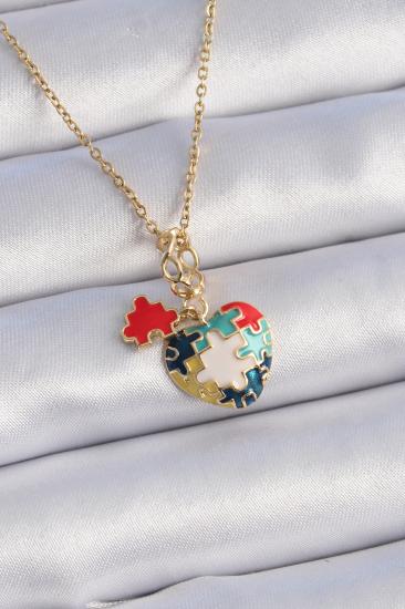 Erb 316L Çelik Gold Renk Yapboz Motif Kalp Figür Charm Model Kadın Kolye