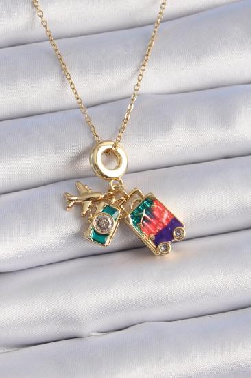 Erb 316L Çelik Gold Renk Zirkon Taşlı Uçak Bavul Figür Charm Model Kadın Kolye
