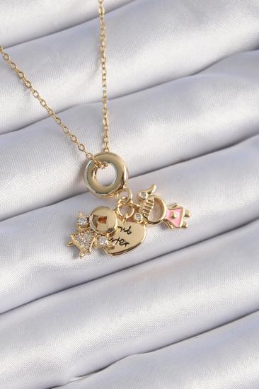 Erb 316L Çelik Gold Renk Zirkon Taş Detay Çocuk Figür Charm Model Kadın Kolye