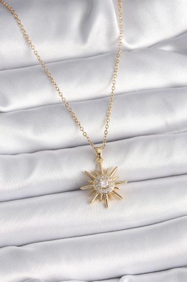 Erb 316L Çelik Gold Renk Zincir Zirkon Taşlı Güneş Model Kadın Kolye