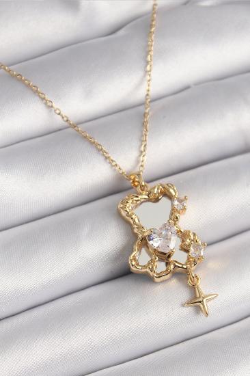 Erb 316L Çelik Gold Renk Zincir Ayna Ayıcık Model Zirkon Taşlı Kalp Model Kadın Kolye