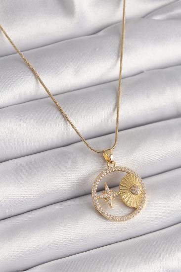 Erb 316L Çelik Gold Renk Zincir Zirkon Taşlı Yıldız İşleme Madalyon Model Kadın Kolye
