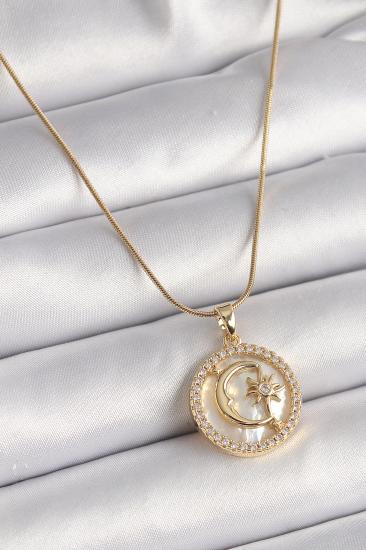 Erb 316L Çelik Gold Renk Zincir Zirkon Taş Detaylı Beyaz Sedefli Ay Yıldız Model Kadın Kolye
