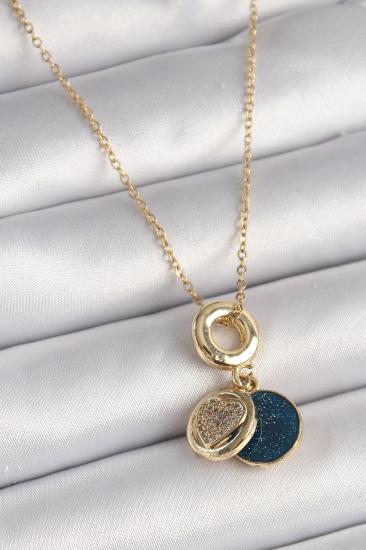 Erb 316L Çelik Gold Renk Zincir Zirkon Taşlı Kalp Model Mavi Simli Kadın Kolye