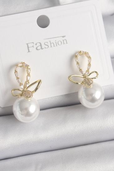 Erb Pirinç Gold Renk Zirkon Taş Detaylı Fiyonk İnci Model Kadın Küpe