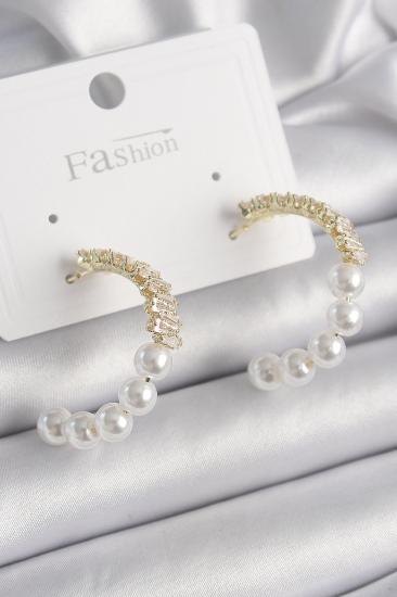 Erb Pirinç Gold Renk İncili Zirkon Taşlı Halka Model Kadın Küpe