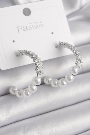 Erb Pirinç Gümüş Renk Zirkon Taşlı İncili Halka Model Kadın Küpe