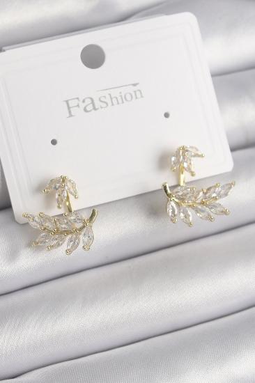Erb Pirinç Gold Renk Zirkon Taşlı Yaprak Model Kadın Küpe