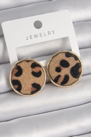 Erb Pirinç Gold Renk Daire Plaka Model Leopar Desenli Kadın Küpe