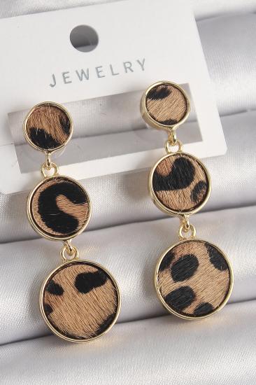 Erb Pirinç Gold Renk 3\\'Lü Leopar Desenli Sallantı Daire Plaka Model Kadın Küpe