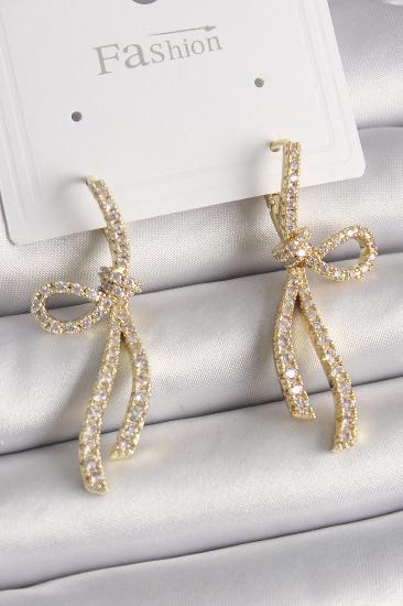 Erb Pirinç Gold Renk Zirkon Taşlı Kurdele Model Kadın Küpe