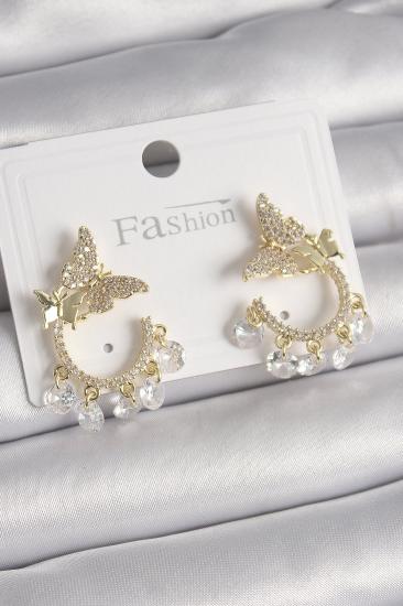 Erb Pirinç Gold Renk Zirkon Taşlı Sallantı Detay Kelebek Model Kadın Küpe