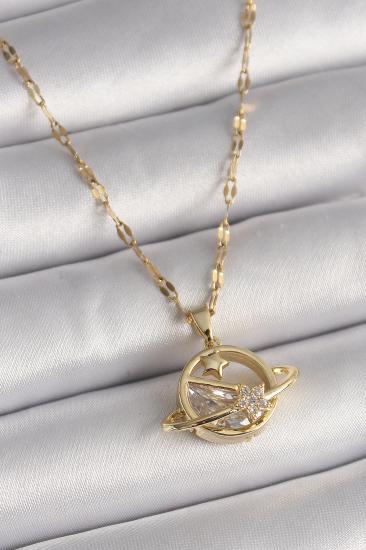 Erb 316L Çelik Gold Renk Zincir Zirkon Taşlı Yıldız Detay Satürn Gezegen Model Kadın Kolye
