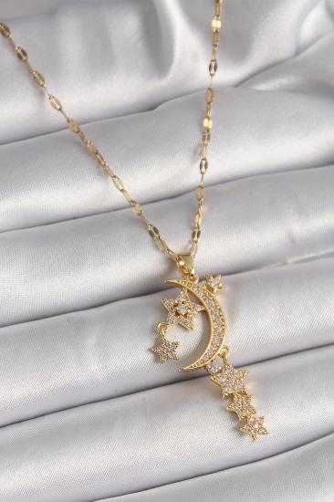 Erb 316L Çelik Gold Renk Zincir Zirkon Taşlı Hilal Yıldız Figür Sallantı Detay Kadın Kolye