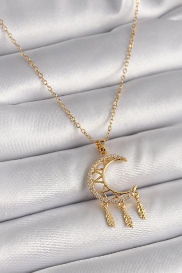 Erb 316L Çelik Gold Renk Zincir Zirkon Taşlı Hilal Model Sallantı Yaprak Detay Kadın Kolye