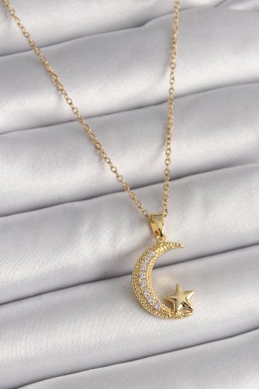 Erb 316L Çelik Gold Renk Zincir Zirkon Taşlı Hilal Model Yıldız Detay Kadın Kolye
