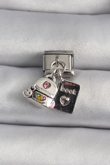 Erb 316L Çelik Gümüş Renk Zirkon Taş Detaylı Sırt Çantası Kitap Model Nomination Charm