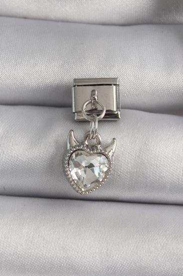 Erb 316L Çelik Gümüş Renk Sallantı Zirkon Taşlı Şeytani Kalp Model Nomination Charm