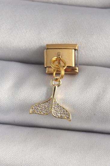 Erb 316L Çelik Gold Renk Sallantı Zirkon Taşlı Balık Kuyruğu Figür Nomination Charm