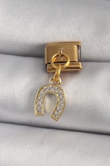 Erb 316L Çelik Gold Renk Sallantı Zirkon Taşlı Nal Model Nomination Charm
