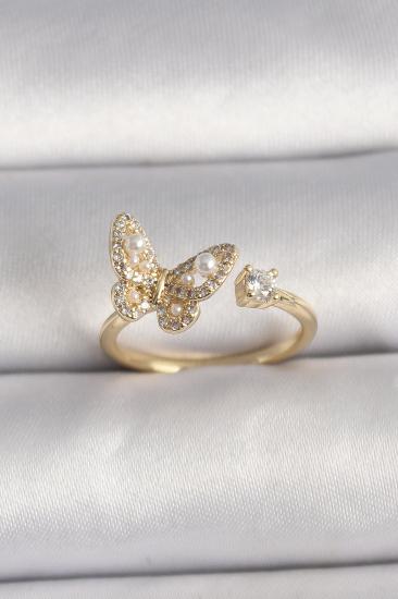 Erb Pirinç Gold Renk Zirkon Taşlı Kelebek Model İnci Detay Ayarlanabilir Yüzük