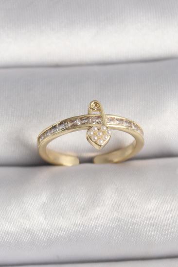 Erb Pirinç Gold Renk Zirkon Taşlı İnci Detay Kilit Kalp Figür Ayarlanabilir Yüzük