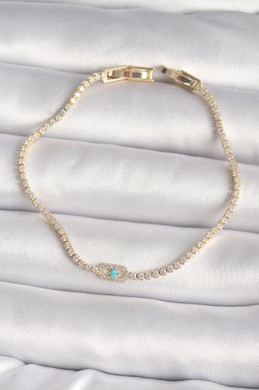 Erb Pirinç Gold Renk Su Yolu Zirkon Taşlı Mavi Taşlı Messika Model Kadın Bileklik